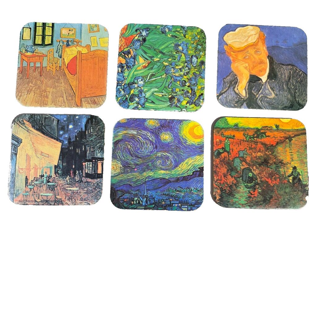 Vincent Van Gogh Coasters Set of 6 Cork Back Starry Night Irises Bedroom Cafe
